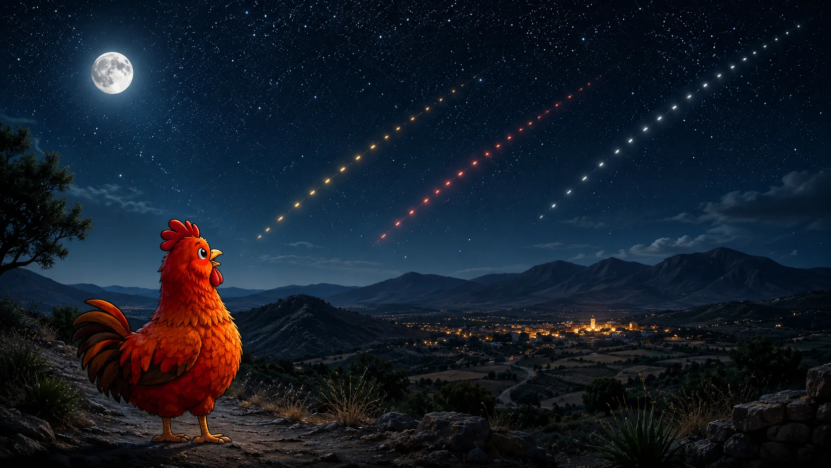 Salva Gallo observando tres trenes de satélites de distintas constelaciones cruzando el cielo nocturno sobre un pueblo del interior