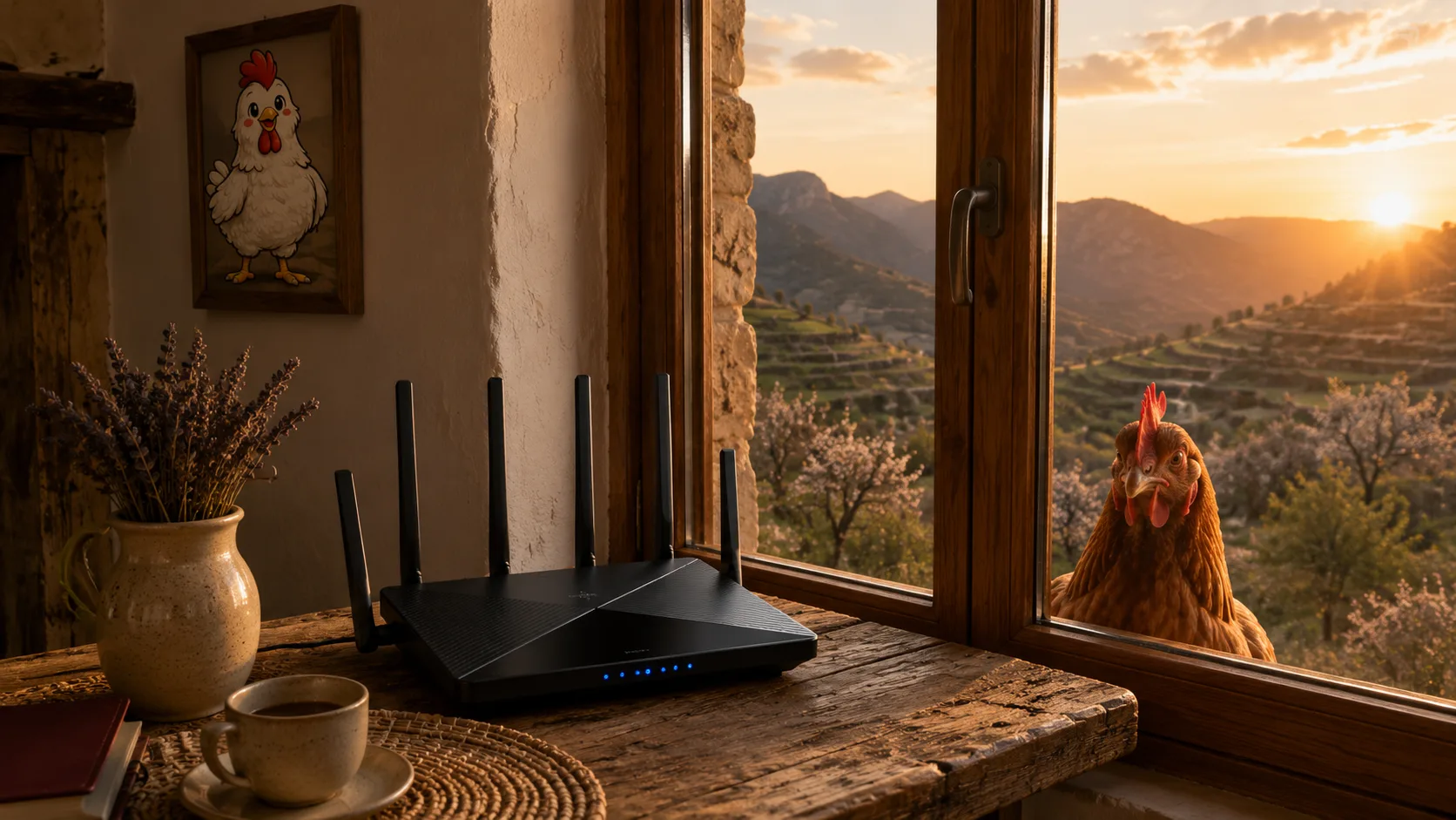 Pueblo del interior con vista al valle y un router 5G de interior con LEDs encendidos sobre una mesa rústica junto a la ventana