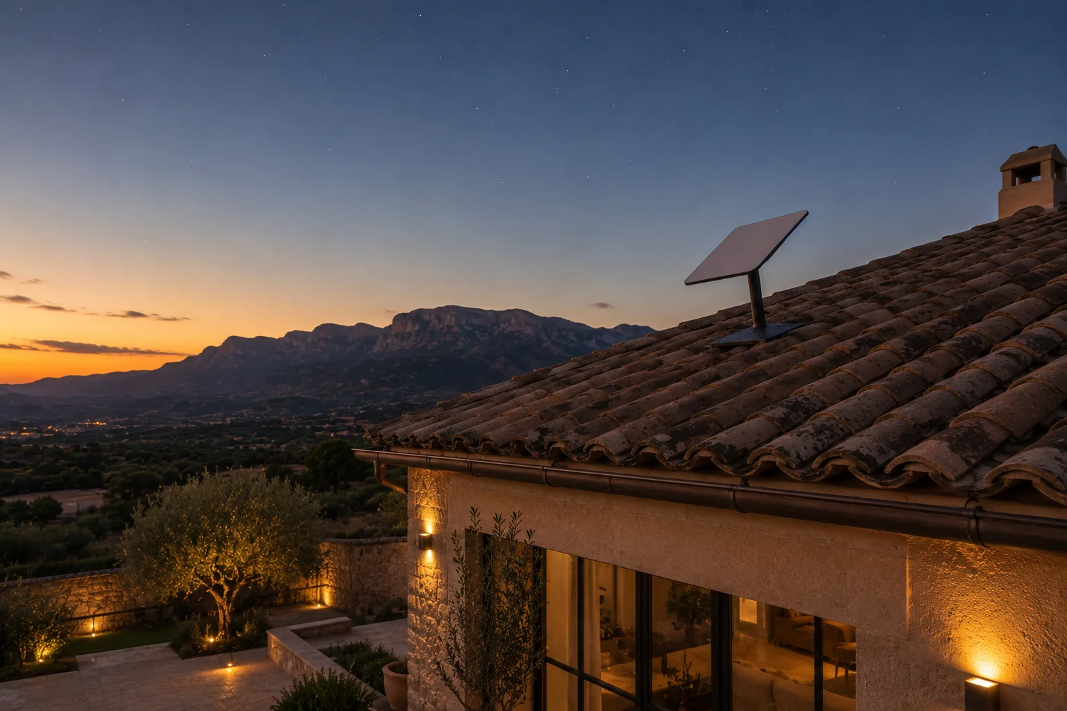 Antena Starlink instalada en el tejado de una masía del interior, con cielo despejado al atardecer y montañas al fondo